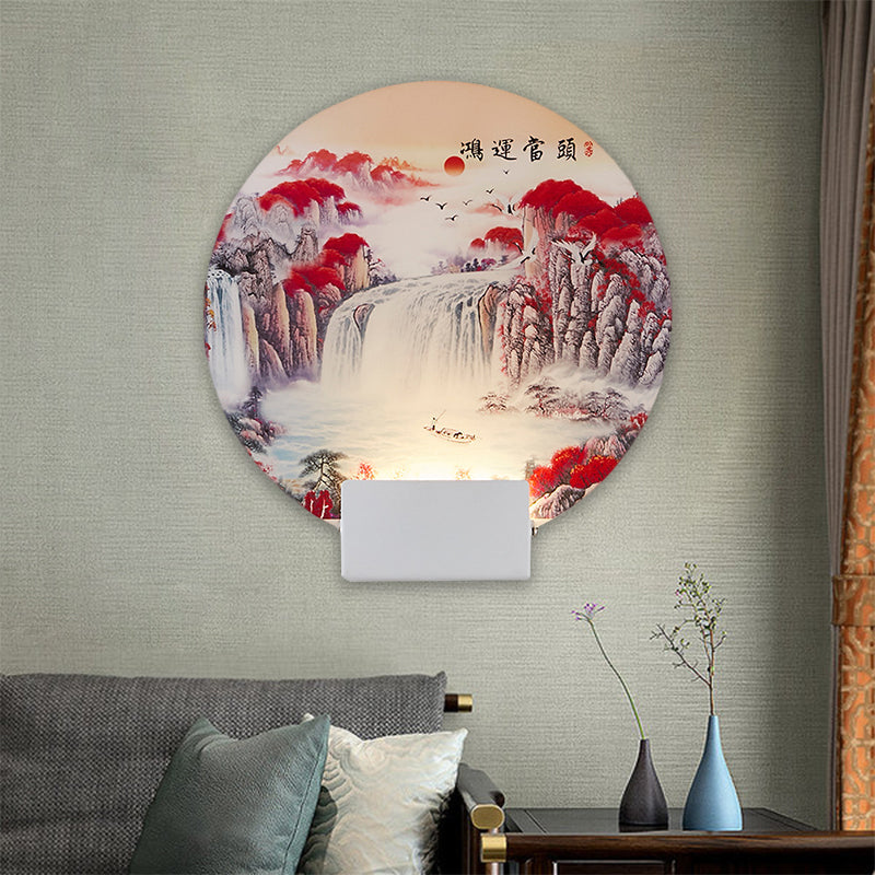 White Circular Mountain Mural Light Oriental Style LED Acrylic Wall Lighting Fixture Clearhalo 'Wall Lamps & Sconces' 'Wall Lights' Lighting' 1193215