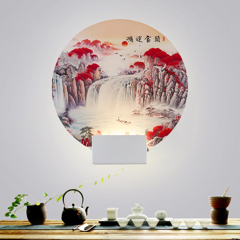 White Circular Mountain Mural Light Oriental Style LED Acrylic Wall Lighting Fixture Clearhalo 'Wall Lamps & Sconces' 'Wall Lights' Lighting' 1193216