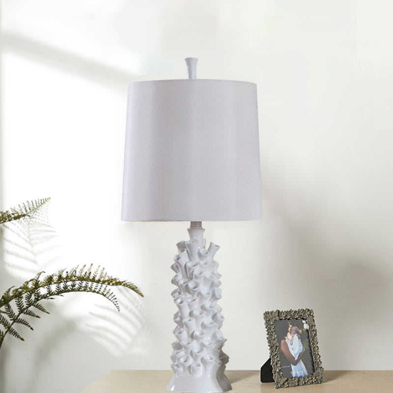 Barrel Shade Night Table Lamp Antiqued 1 Head Fabric Desk Light in White with Resin Base Clearhalo 'Lamps' 'Table Lamps' Lighting' 1193586