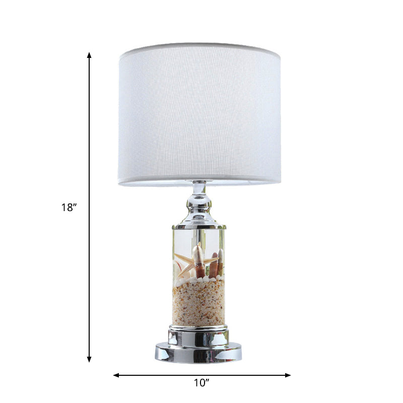 1-Light Metal Night Table Lamp Antique Style White Cylindrical Base Bedroom Table Light with Drum Fabric Shade Clearhalo 'Lamps' 'Table Lamps' Lighting' 1193596