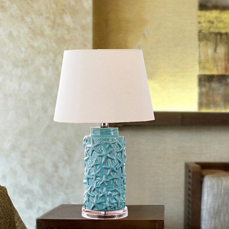 Blue Barrel Shade Desk Light Traditional Fabric 1 Light Study Room Nightstand Lamp for Bedroom Clearhalo 'Lamps' 'Table Lamps' Lighting' 1193614