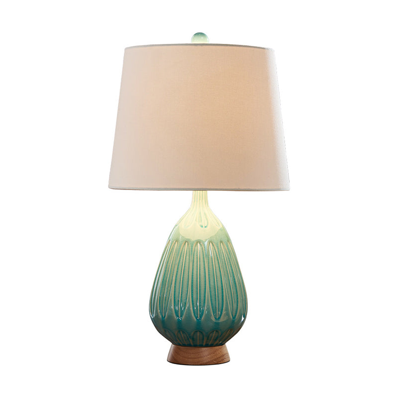 Raindrop-Like Porcelain Nightstand Lamp Retro 1 Bulb Bedside Table Light in Green with Barrel Fabric Shade Clearhalo 'Lamps' 'Table Lamps' Lighting' 1193627