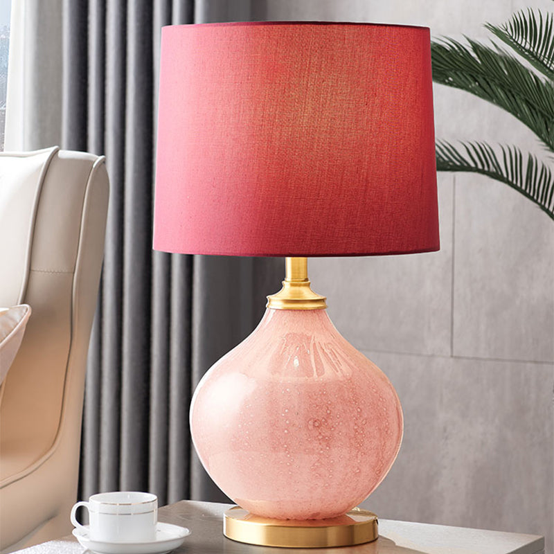 Drum Fabric Shade Table Light Traditional Style 1 Bulb Living Room Night Stand Lamp in Pink Clearhalo 'Lamps' 'Table Lamps' Lighting' 1193658