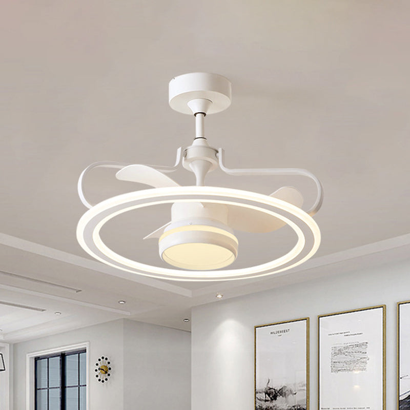 3 Blades Round Ceiling Fan Light Modernist Metal LED White Semi Flush Lamp Fixture, 23.5
