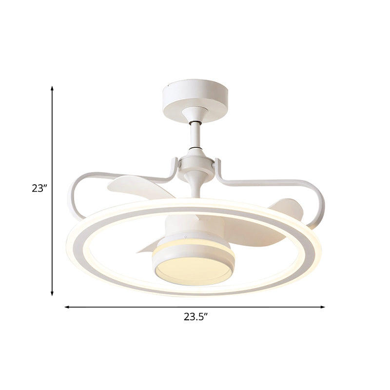 3 Blades Round Ceiling Fan Light Modernist Metal LED White Semi Flush Lamp Fixture, 23.5