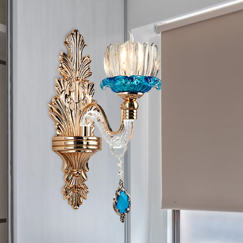 Crystal Flowerbud Wall Light Fixture Antique 1-Light Living Room Wall Mount Lighting in Blue Blue Clearhalo 'Wall Lamps & Sconces' 'Wall Lights' Lighting' 1194325