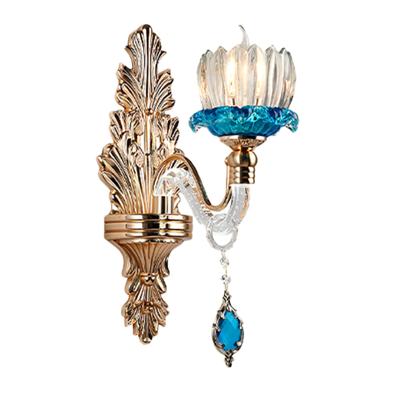 Crystal Flowerbud Wall Light Fixture Antique 1-Light Living Room Wall Mount Lighting in Blue Clearhalo 'Wall Lamps & Sconces' 'Wall Lights' Lighting' 1194327