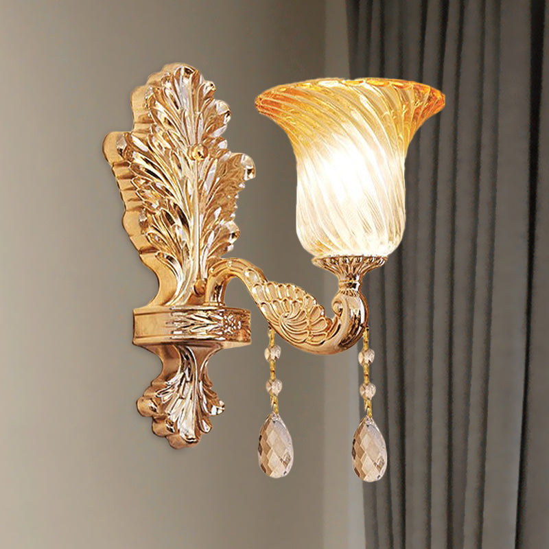 Fading Twisted Glass Flared Sconce Traditional Single-Bulb Bedroom Wall Mounted Lighting in Gold Gold Clearhalo 'Wall Lamps & Sconces' 'Wall Lights' Lighting' 1194337