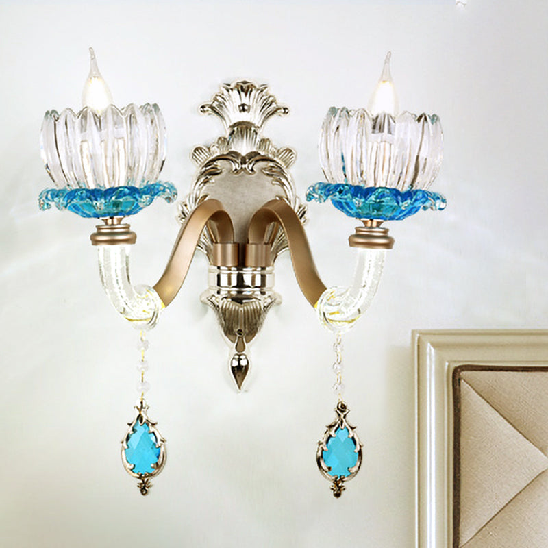 1/2-Head Lotus Wall Light Fixture Retro Blue and Clear Glass Sconce Lighting for Dining Room Clearhalo 'Wall Lamps & Sconces' 'Wall Lights' Lighting' 1194346