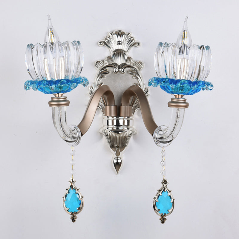 1/2-Head Lotus Wall Light Fixture Retro Blue and Clear Glass Sconce Lighting for Dining Room Clearhalo 'Wall Lamps & Sconces' 'Wall Lights' Lighting' 1194348