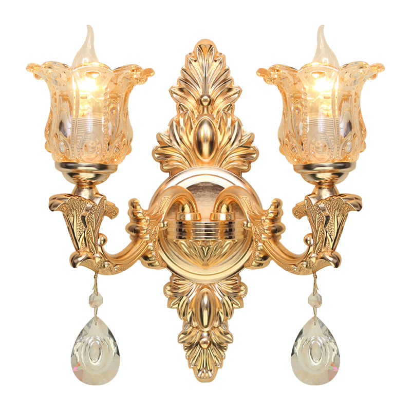 Bellflower Amber Glass Wall Lamp Kit Antique 2 Lights Living Room Sconce Light Fixture in Gold Clearhalo 'Wall Lamps & Sconces' 'Wall Lights' Lighting' 1194352