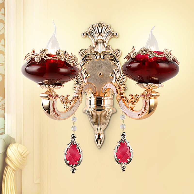 Retro Flameless Candle Wall Lamp 2-Head Burgundy Glass Sconce Lighting Fixture for Dining Room Burgundy Clearhalo 'Wall Lamps & Sconces' 'Wall Lights' Lighting' 1194381