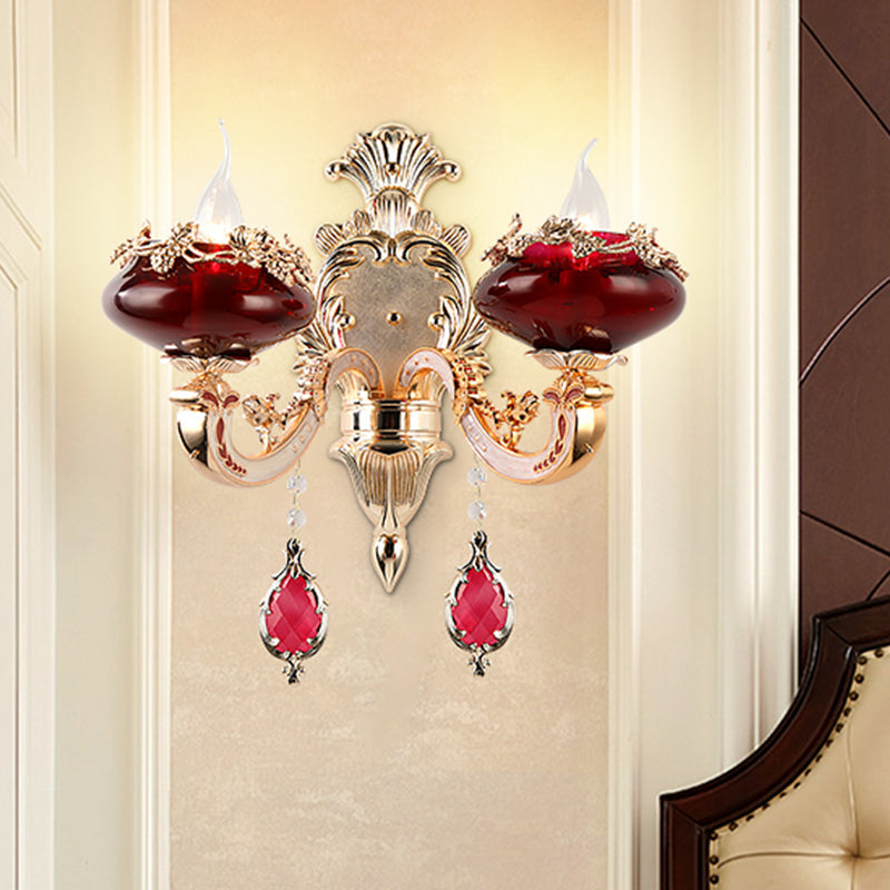 Retro Flameless Candle Wall Lamp 2-Head Burgundy Glass Sconce Lighting Fixture for Dining Room Clearhalo 'Wall Lamps & Sconces' 'Wall Lights' Lighting' 1194382