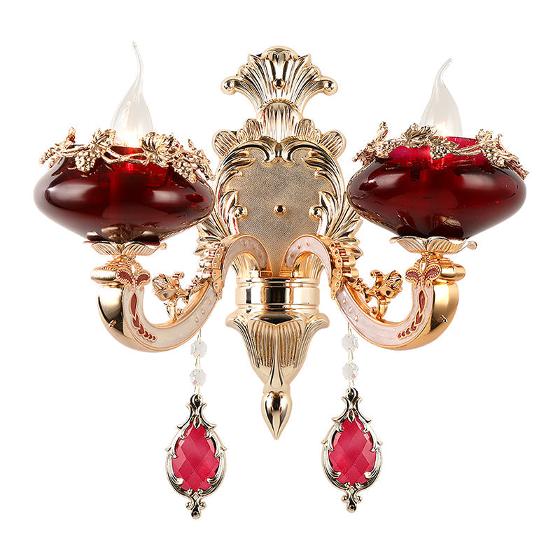 Retro Flameless Candle Wall Lamp 2-Head Burgundy Glass Sconce Lighting Fixture for Dining Room Clearhalo 'Wall Lamps & Sconces' 'Wall Lights' Lighting' 1194383