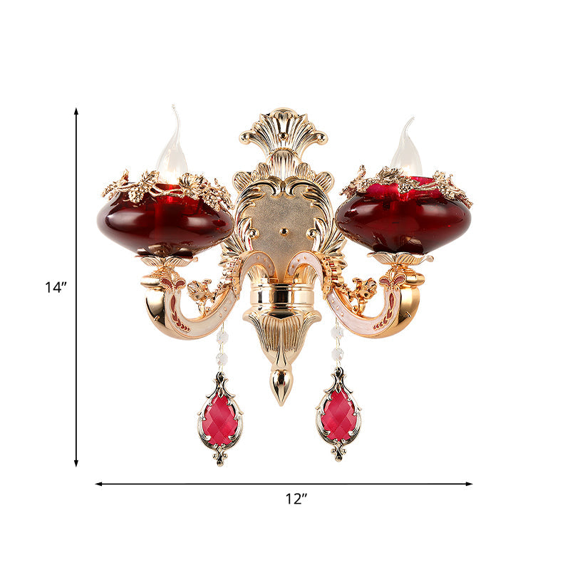 Retro Flameless Candle Wall Lamp 2-Head Burgundy Glass Sconce Lighting Fixture for Dining Room Clearhalo 'Wall Lamps & Sconces' 'Wall Lights' Lighting' 1194384