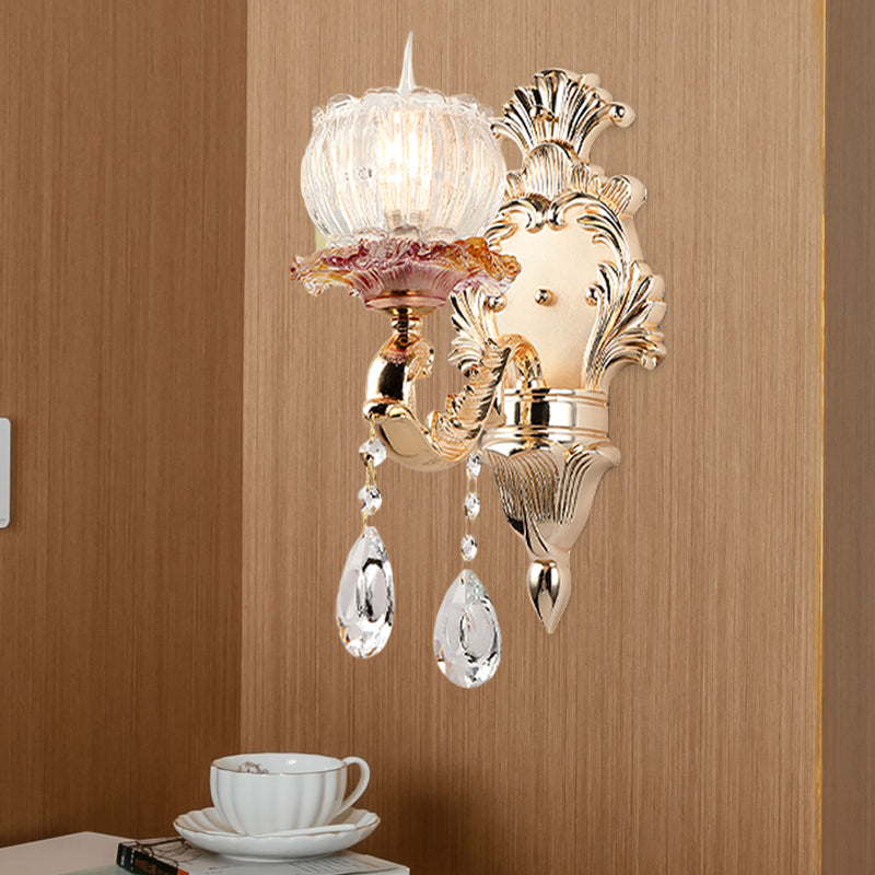 Scalloped Dome Bedside Wall Light Postmodern Crystal 1 Head Gold Wall Sconce Light Gold Clearhalo 'Wall Lamps & Sconces' 'Wall Lights' Lighting' 1194385