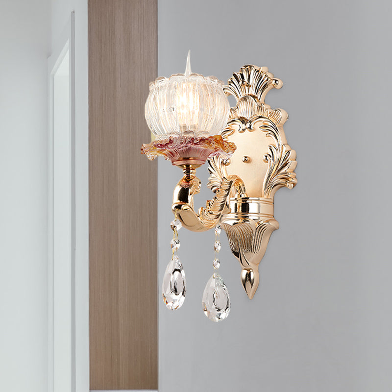 Scalloped Dome Bedside Wall Light Postmodern Crystal 1 Head Gold Wall Sconce Light Clearhalo 'Wall Lamps & Sconces' 'Wall Lights' Lighting' 1194386