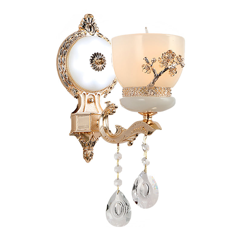 1/2-Bulb Flower-Embossed Bowl Sconce Rustic Gold Frosted Glass Wall Light with Crystal Drop Clearhalo 'Wall Lamps & Sconces' 'Wall Lights' Lighting' 1194399