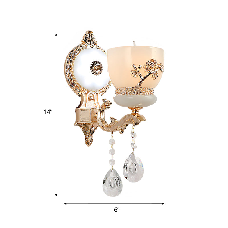 1/2-Bulb Flower-Embossed Bowl Sconce Rustic Gold Frosted Glass Wall Light with Crystal Drop Clearhalo 'Wall Lamps & Sconces' 'Wall Lights' Lighting' 1194401