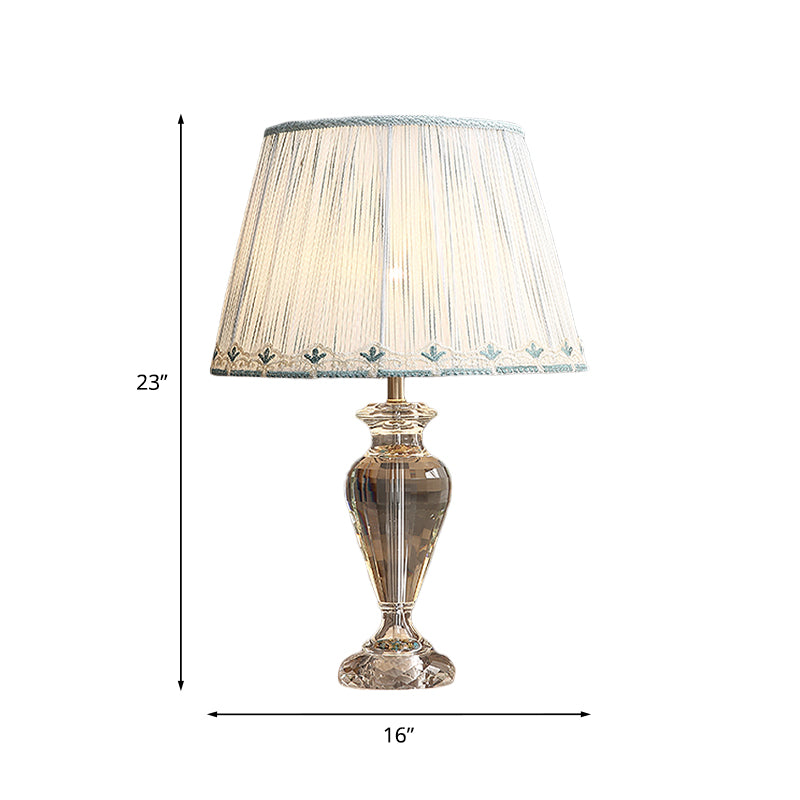 Clear Crystal Urn Night Table Light Minimalist 1 Head Living Room Nightstand Lamp with Tapered Pleated Fabric Shade Clearhalo 'Lamps' 'Table Lamps' Lighting' 1194438