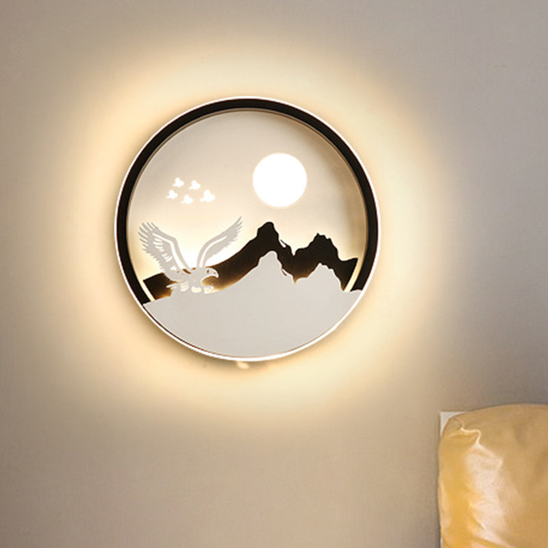 Asia Style Circular Acrylic Wall Mural Light LED Wall Lamp in Black with Eagle and Mountain Pattern Clearhalo 'Wall Lamps & Sconces' 'Wall Lights' Lighting' 1194457