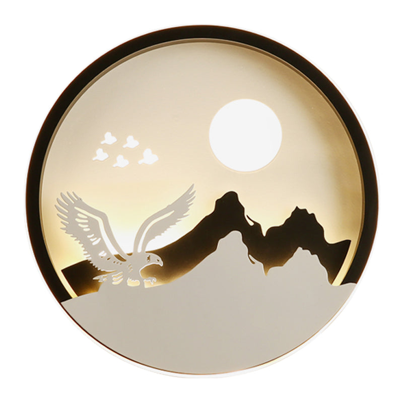 Asia Style Circular Acrylic Wall Mural Light LED Wall Lamp in Black with Eagle and Mountain Pattern Clearhalo 'Wall Lamps & Sconces' 'Wall Lights' Lighting' 1194458