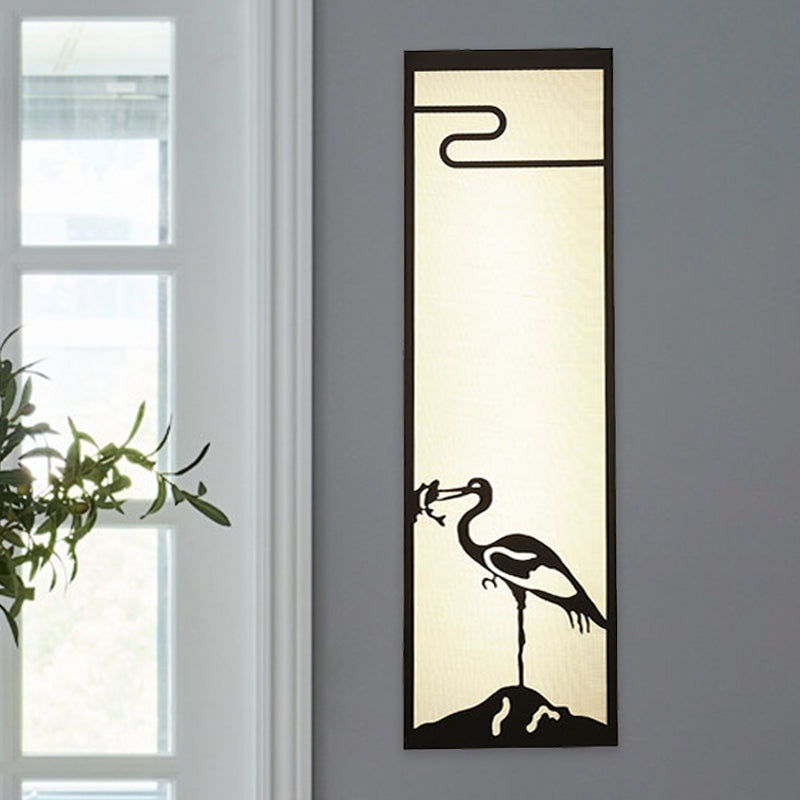 3-Light Bedroom Crane Wall Mounted Light Oriental Style Black Mural Lamp with Cuboid Fabric Shade Black Clearhalo 'Wall Lamps & Sconces' 'Wall Lights' Lighting' 1194468