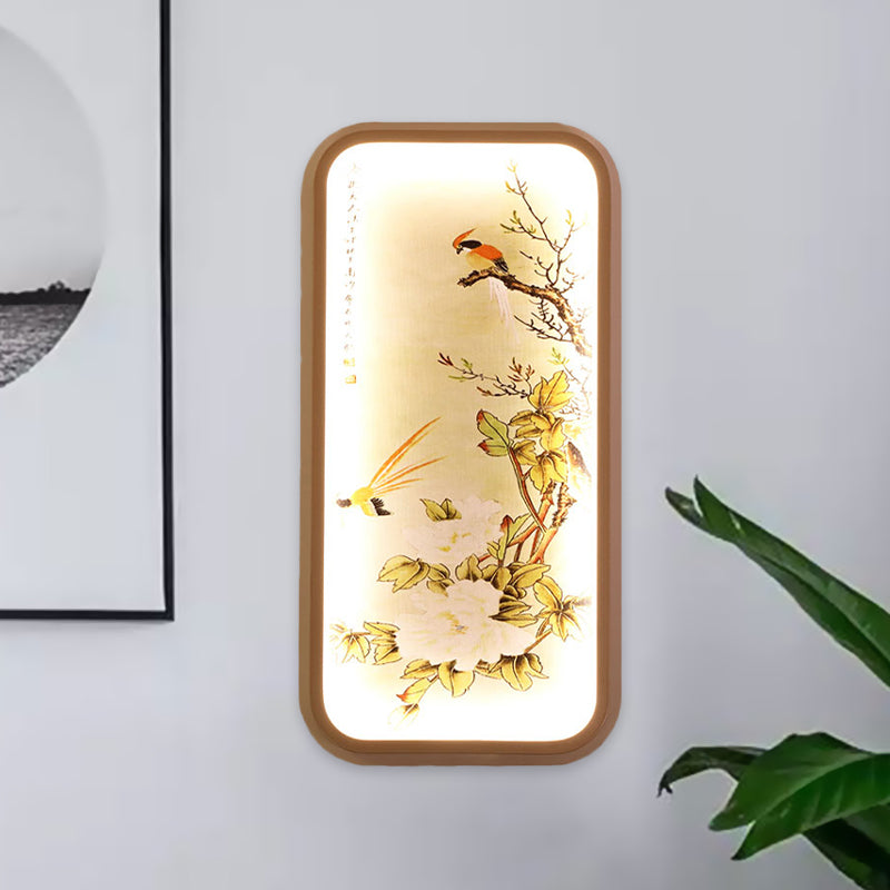 Fabric Rectangle Leaf and Bird Mural Light Chinese Style LED Yellow Wall Mount Light Clearhalo 'Wall Lamps & Sconces' 'Wall Lights' Lighting' 1194481