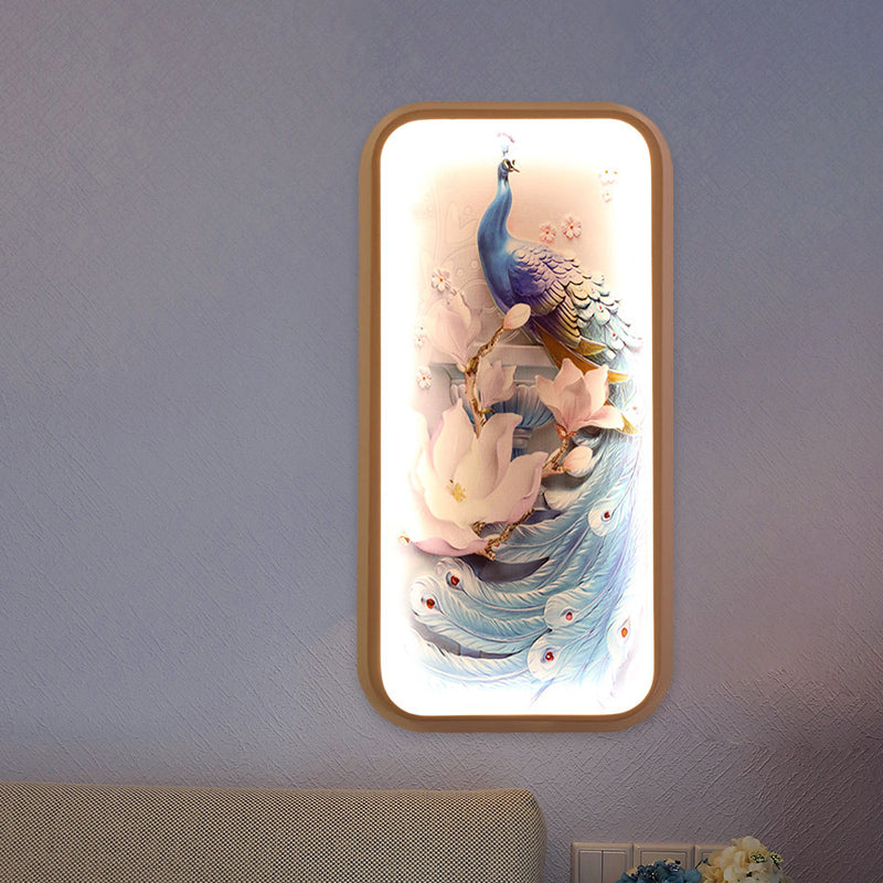 Rectangle Peacock Patterned Wall Lighting Idea Oriental Fabric LED Blue Mural Light for Bedroom Blue Clearhalo 'Wall Lamps & Sconces' 'Wall Lights' Lighting' 1194484