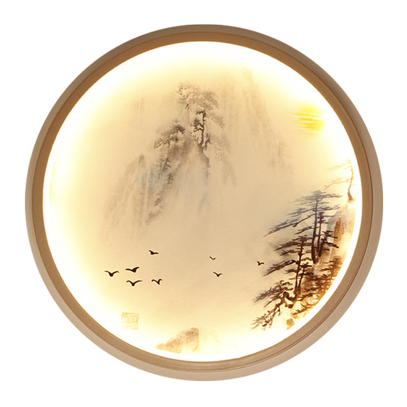 White Circular Wall Mounted Lighting Asia Style LED Metallic Mural Lamp with Pine Tree and Bird Pattern Clearhalo 'Wall Lamps & Sconces' 'Wall Lights' Lighting' 1194494