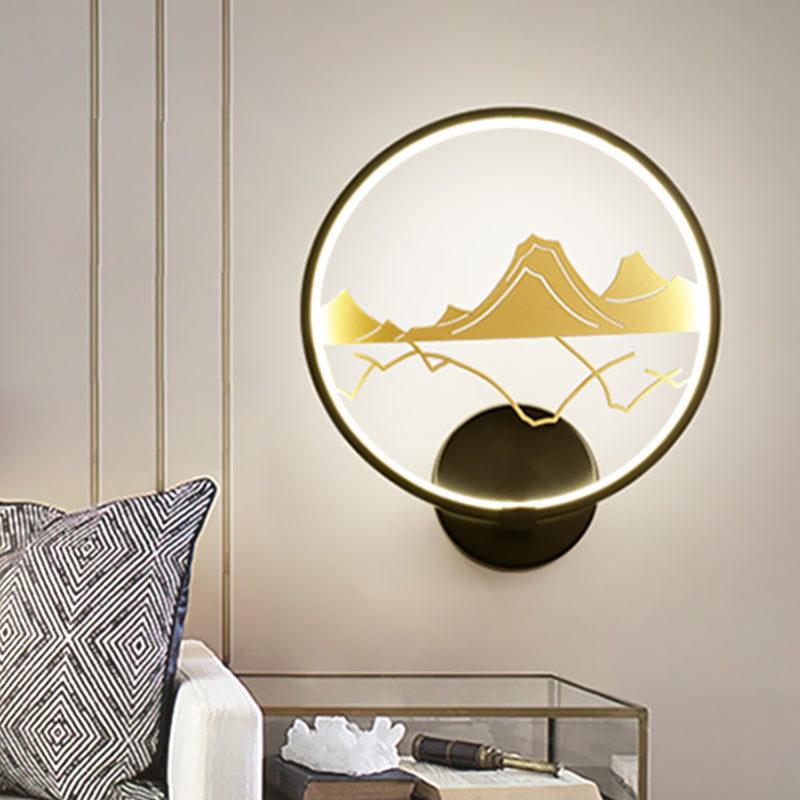 Black Circular Wall Mounted Light Fixture Asia Style LED Acrylic Wall Mural Lamp with Mountain Pattern Black Clearhalo 'Wall Lamps & Sconces' 'Wall Lights' Lighting' 1194514