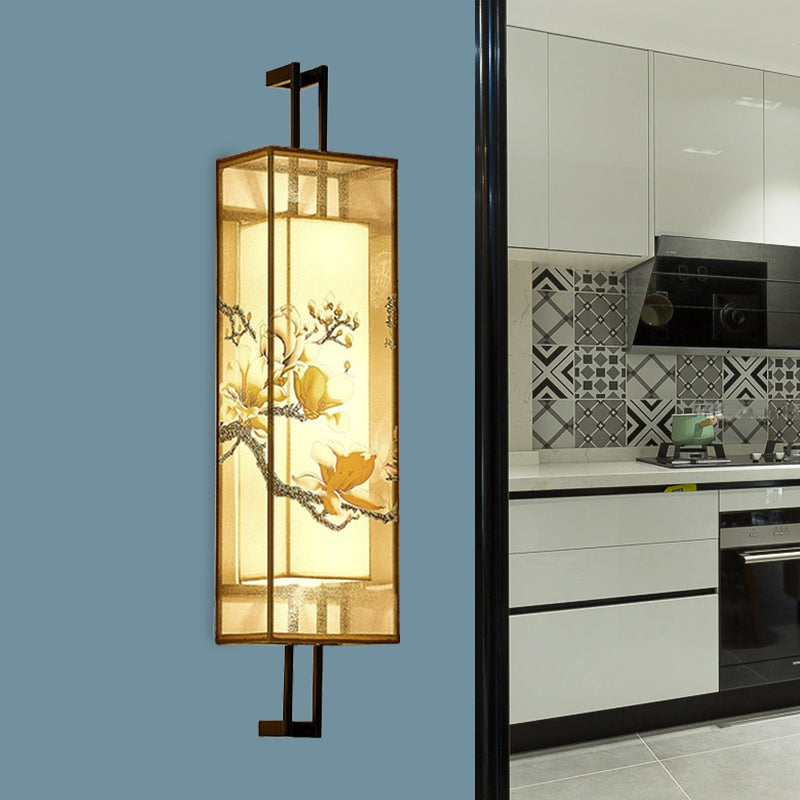 Oriental Style Cuboid Shaped Fabric Wall Light 2 Heads Wall Mural Light in Black with Lotus Leaf/Branch Pattern Clearhalo 'Wall Lamps & Sconces' 'Wall Lights' Lighting' 1194527