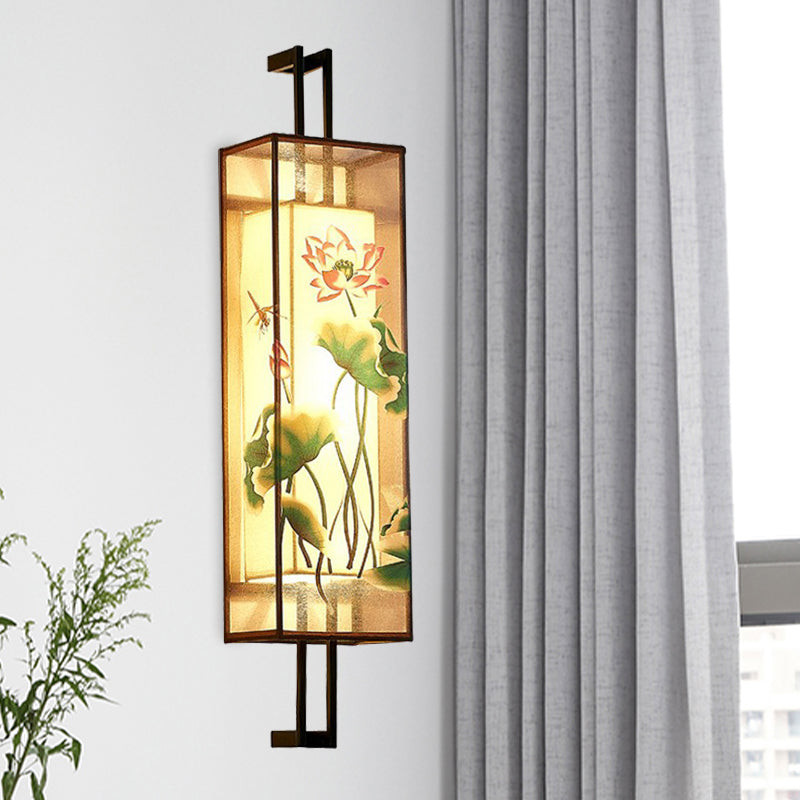 Oriental Style Cuboid Shaped Fabric Wall Light 2 Heads Wall Mural Light in Black with Lotus Leaf/Branch Pattern Clearhalo 'Wall Lamps & Sconces' 'Wall Lights' Lighting' 1194531