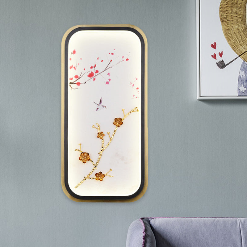 Metal Square/Rectangle Wall Lighting Fixture Asia LED Gold Wall Mural Lamp with Plum Blossom Pattern Clearhalo 'Wall Lamps & Sconces' 'Wall Lights' Lighting' 1194558