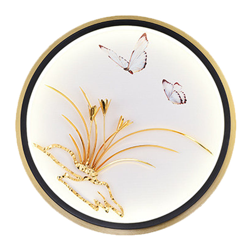 Gold Circular/Rectangle Shaped Mural Light Chinese Style LED Metallic Wall Mounted Lamp with Butterfly and Leaf Pattern Clearhalo 'Wall Lamps & Sconces' 'Wall Lights' Lighting' 1194569