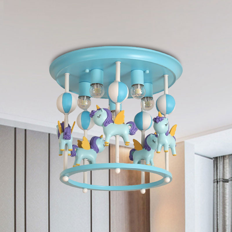 Cartoon Unicorn Flush Mount Light with Carrousel Design Resin 6 Bulbs Kid Room Flush Lamp in Blue/Pink Blue B Clearhalo 'Ceiling Lights' 'Close To Ceiling Lights' 'Close to ceiling' 'Flush mount' Lighting' 1194601