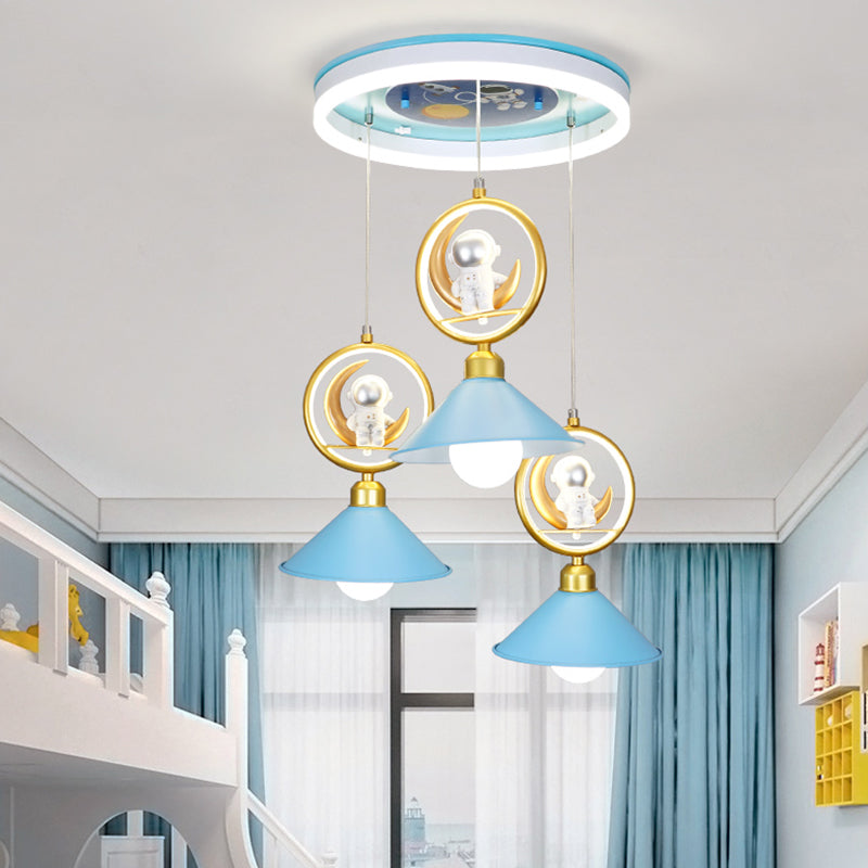 Conic Shade Multi Ceiling Light Cartoon Metal 3 Bulbs Blue Pendant Lamp Fixture with Moon and Astronaut Deco Clearhalo 'Ceiling Lights' 'Pendant Lights' 'Pendants' Lighting' 1194713