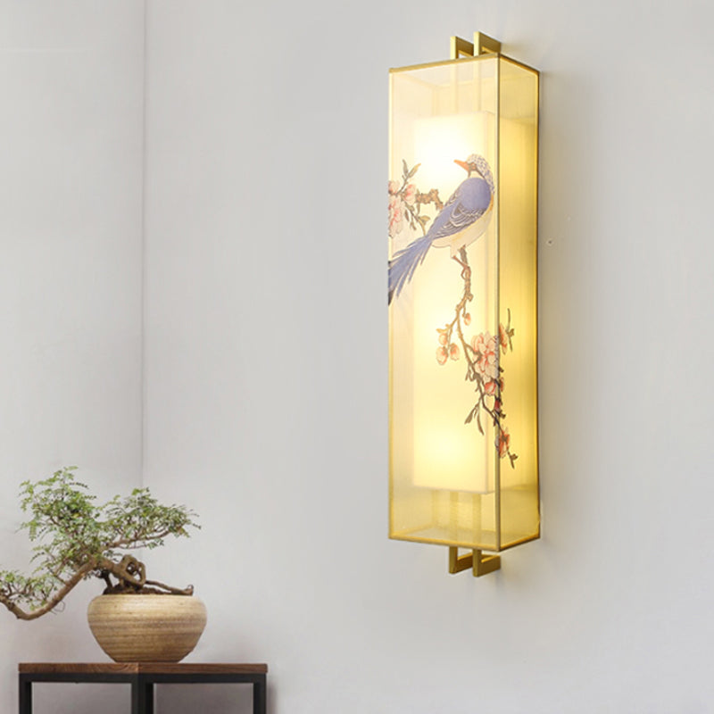 Gold Rectangle Bird and Branch Mural Lamp Chinese Style LED Fabric Wall Mounted Lighting Gold Clearhalo 'Wall Lamps & Sconces' 'Wall Lights' Lighting' 1194883