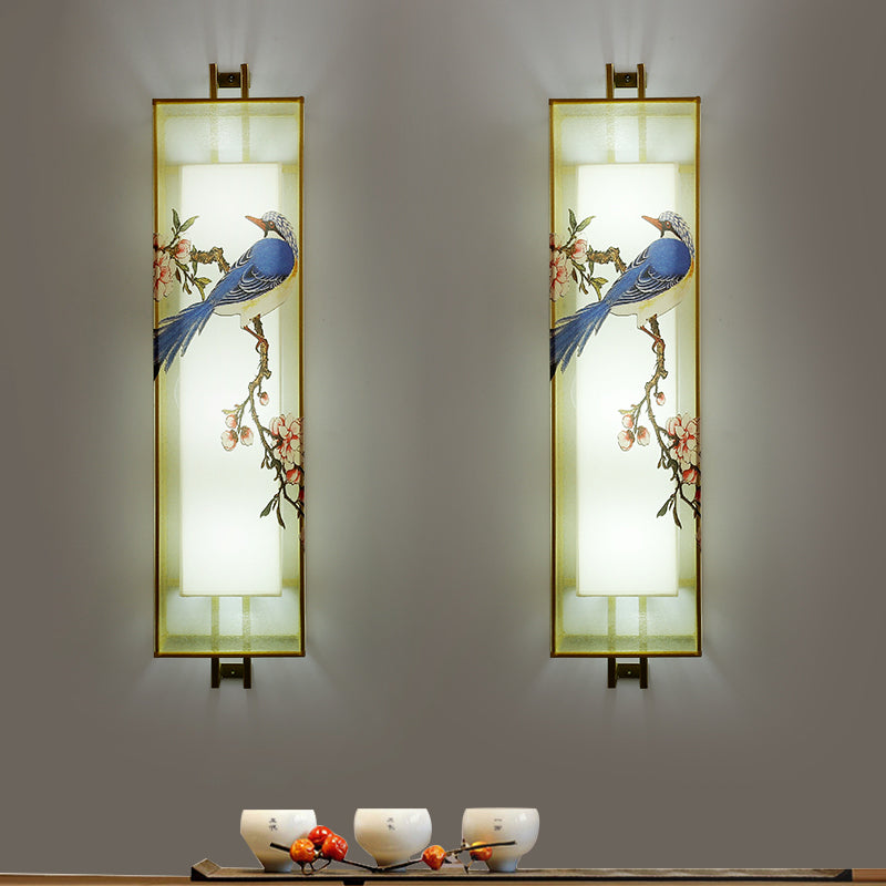 Gold Rectangle Bird and Branch Mural Lamp Chinese Style LED Fabric Wall Mounted Lighting Clearhalo 'Wall Lamps & Sconces' 'Wall Lights' Lighting' 1194884