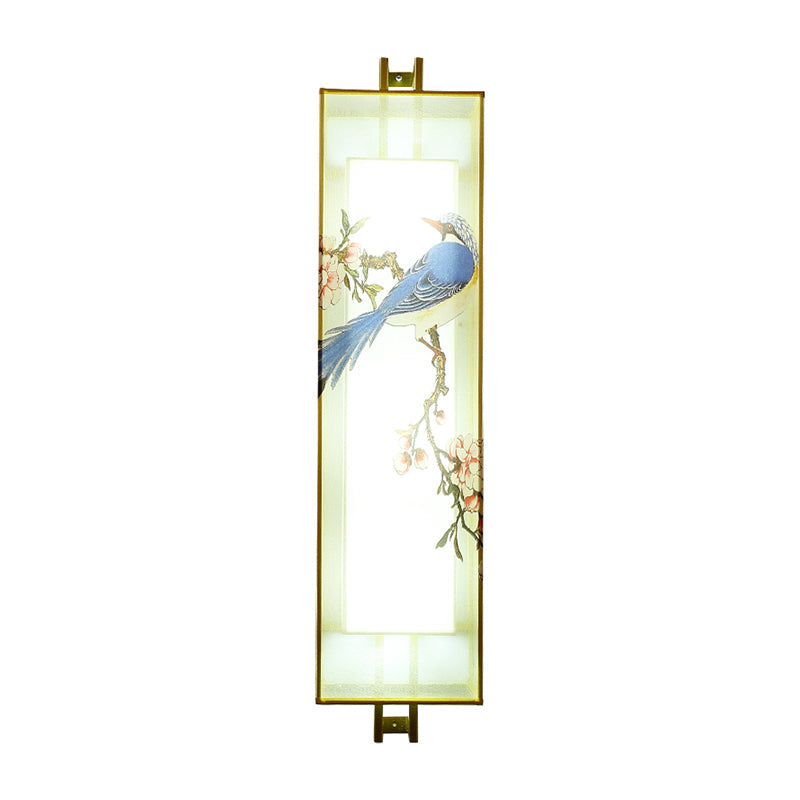 Gold Rectangle Bird and Branch Mural Lamp Chinese Style LED Fabric Wall Mounted Lighting Clearhalo 'Wall Lamps & Sconces' 'Wall Lights' Lighting' 1194885