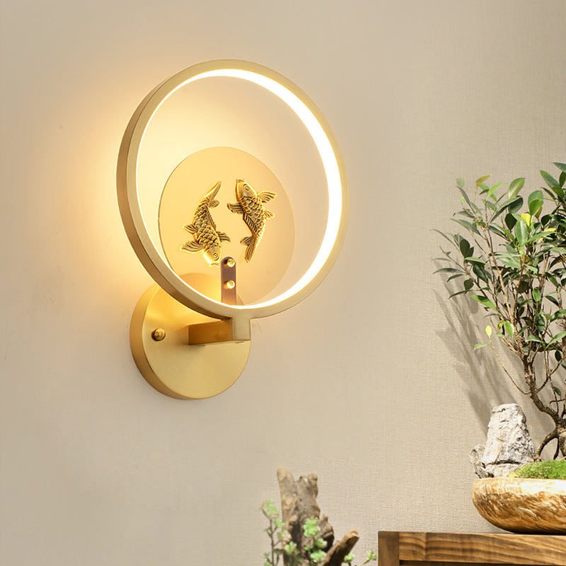 Brass Circular Double Fish Mural Lamp Asia Style LED Metallic Wall Mount Lighting Brass Clearhalo 'Wall Lamps & Sconces' 'Wall Lights' Lighting' 1194896