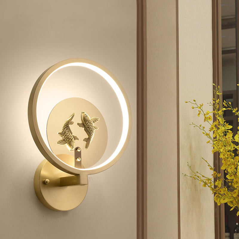 Brass Circular Double Fish Mural Lamp Asia Style LED Metallic Wall Mount Lighting Clearhalo 'Wall Lamps & Sconces' 'Wall Lights' Lighting' 1194897