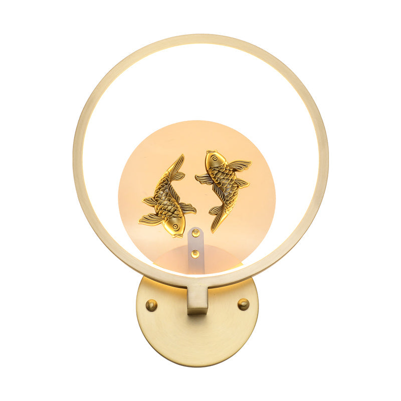 Brass Circular Double Fish Mural Lamp Asia Style LED Metallic Wall Mount Lighting Clearhalo 'Wall Lamps & Sconces' 'Wall Lights' Lighting' 1194898