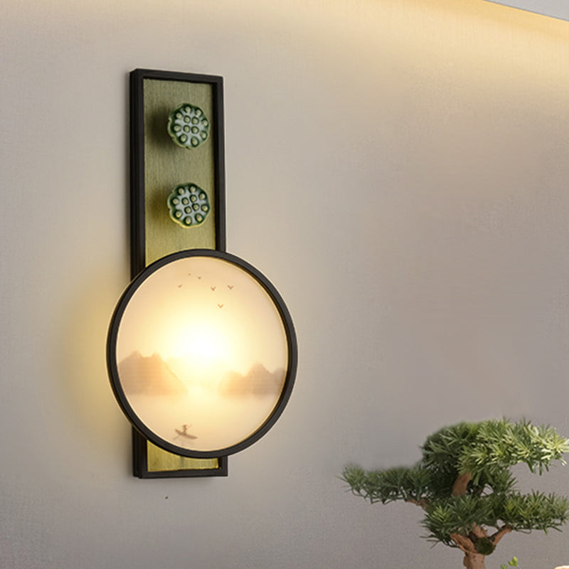 Acrylic Rounded Moon and Lake Mural Lamp Oriental Style LED Black Wall Mounted Lighting Black Clearhalo 'Wall Lamps & Sconces' 'Wall Lights' Lighting' 1194900