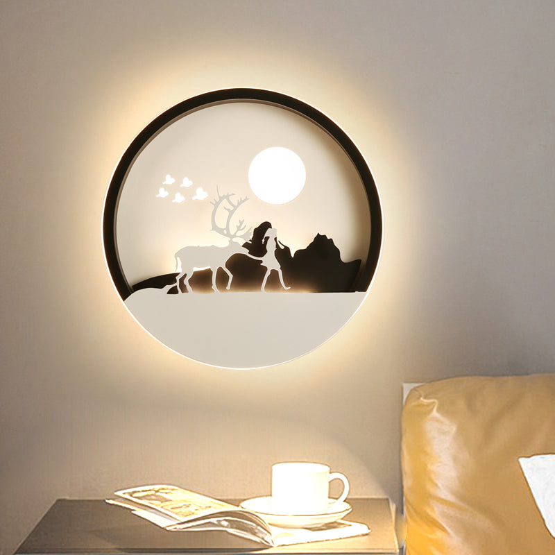 Minimal Style Circular Acrylic Wall Mural Lamp LED Wall Mounted Lighting in Black with Elk Deer Pattern Black Clearhalo 'Wall Lamps & Sconces' 'Wall Lights' Lighting' 1194924