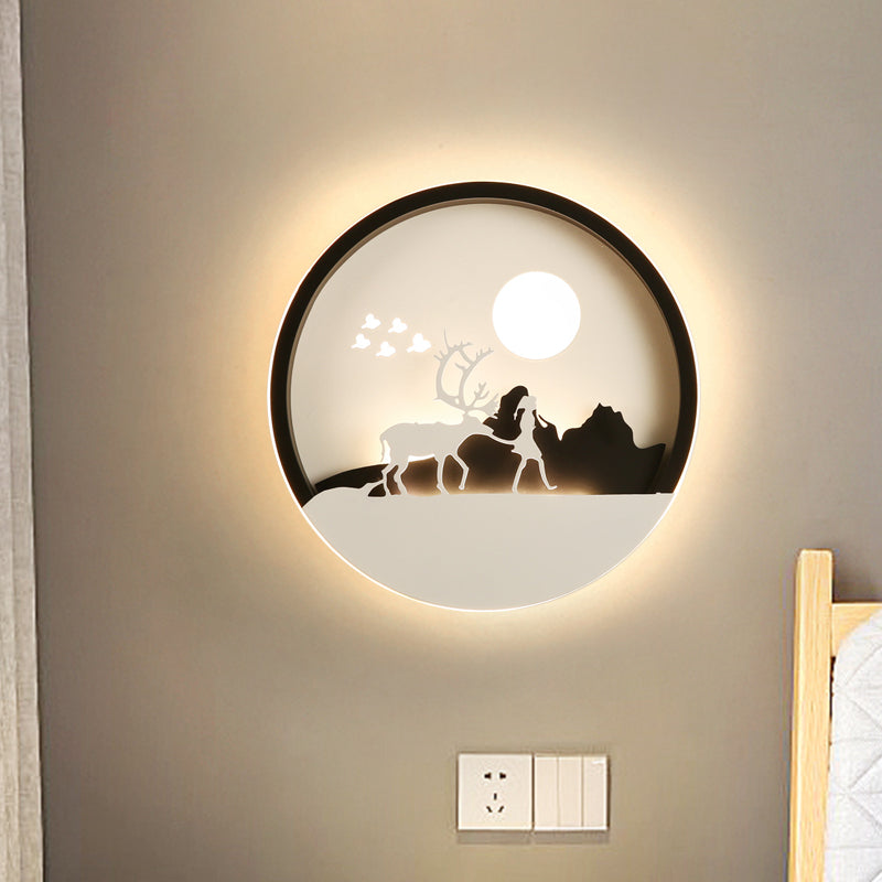 Minimal Style Circular Acrylic Wall Mural Lamp LED Wall Mounted Lighting in Black with Elk Deer Pattern Clearhalo 'Wall Lamps & Sconces' 'Wall Lights' Lighting' 1194925