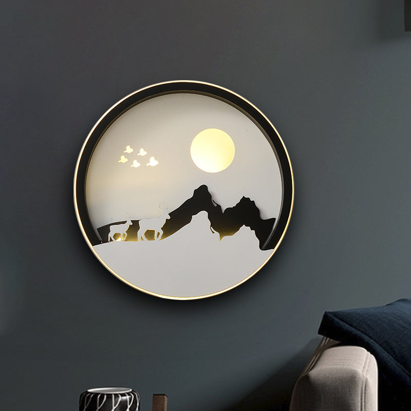 Round Living Room Wall Mounted Lamp Acrylic LED Contemporary Wall Mural Light in Black with Mountain and Sun Pattern Clearhalo 'Wall Lamps & Sconces' 'Wall Lights' Lighting' 1194938