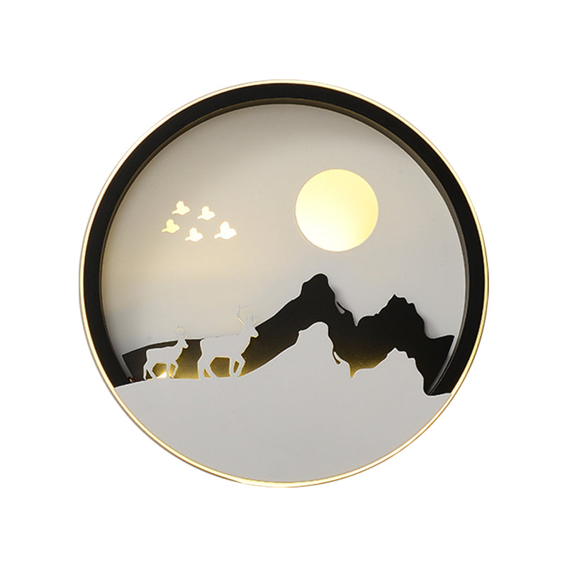 Round Living Room Wall Mounted Lamp Acrylic LED Contemporary Wall Mural Light in Black with Mountain and Sun Pattern Clearhalo 'Wall Lamps & Sconces' 'Wall Lights' Lighting' 1194939