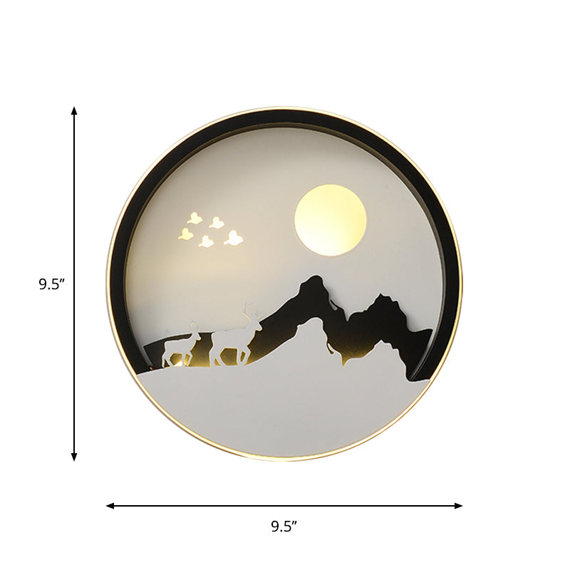 Round Living Room Wall Mounted Lamp Acrylic LED Contemporary Wall Mural Light in Black with Mountain and Sun Pattern Clearhalo 'Wall Lamps & Sconces' 'Wall Lights' Lighting' 1194940