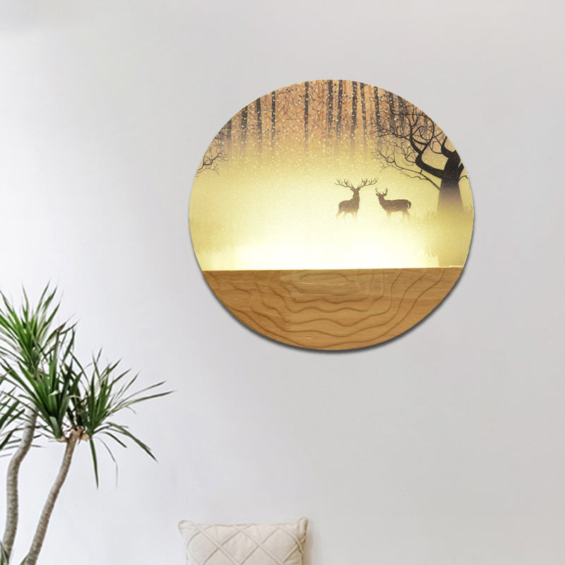 Acrylic Circular Shaped Wall Mounted Light Minimalist Style LED Wall Mural Lamp in Wood with Tree/Elk Pattern Clearhalo 'Wall Lamps & Sconces' 'Wall Lights' Lighting' 1194998